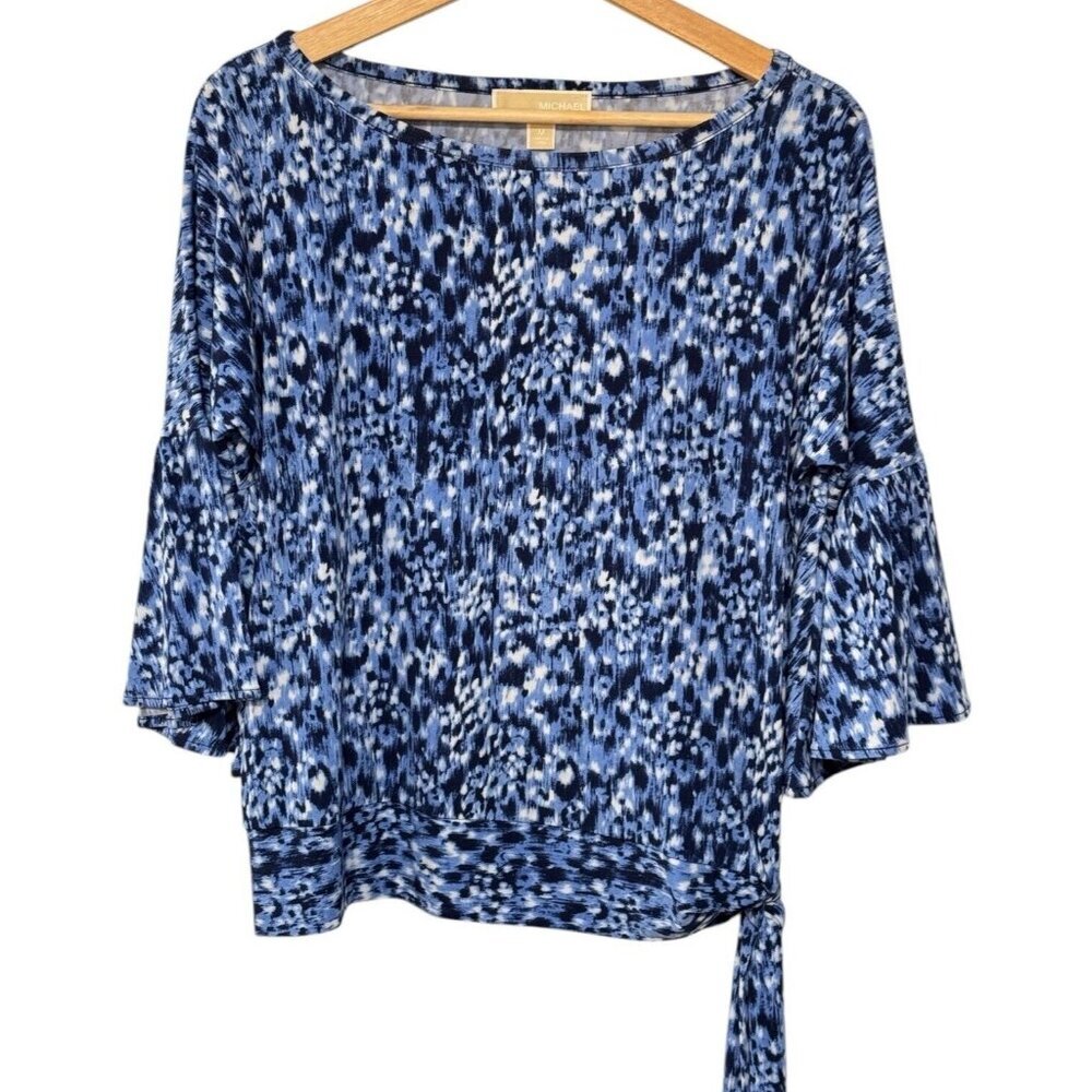 Michael Kors Blue Animal Print‎ Tie Waist Top Bell Sleeve Blouse